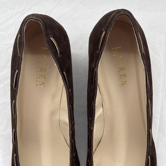 NWOB. Lauren Ralph Lauren 9.5B Cambree Suede Metallic Taupe Wedges. - Picture 4 of 11